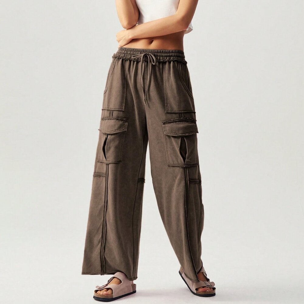 Coffee Brown Casual Women's Vacation Knit 3d Pocket Wide Leg Pants - Picture 6 of 8